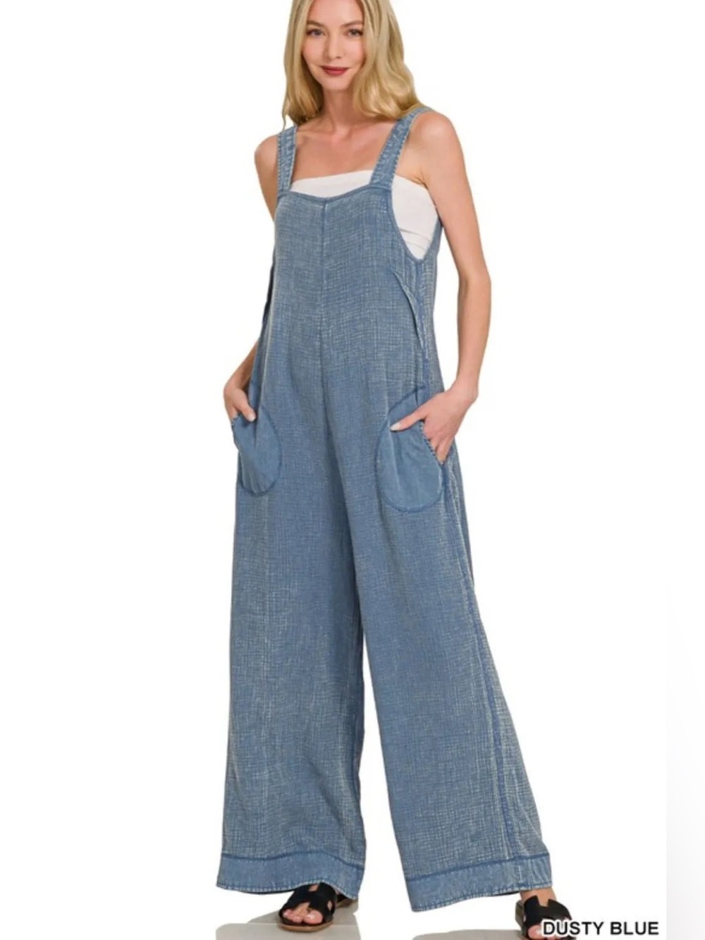 π FREE Cami w/Gauze Washed Wide Leg Overalls Dusty Blue Pocketed Jumpsuit - Picture 2 of 4